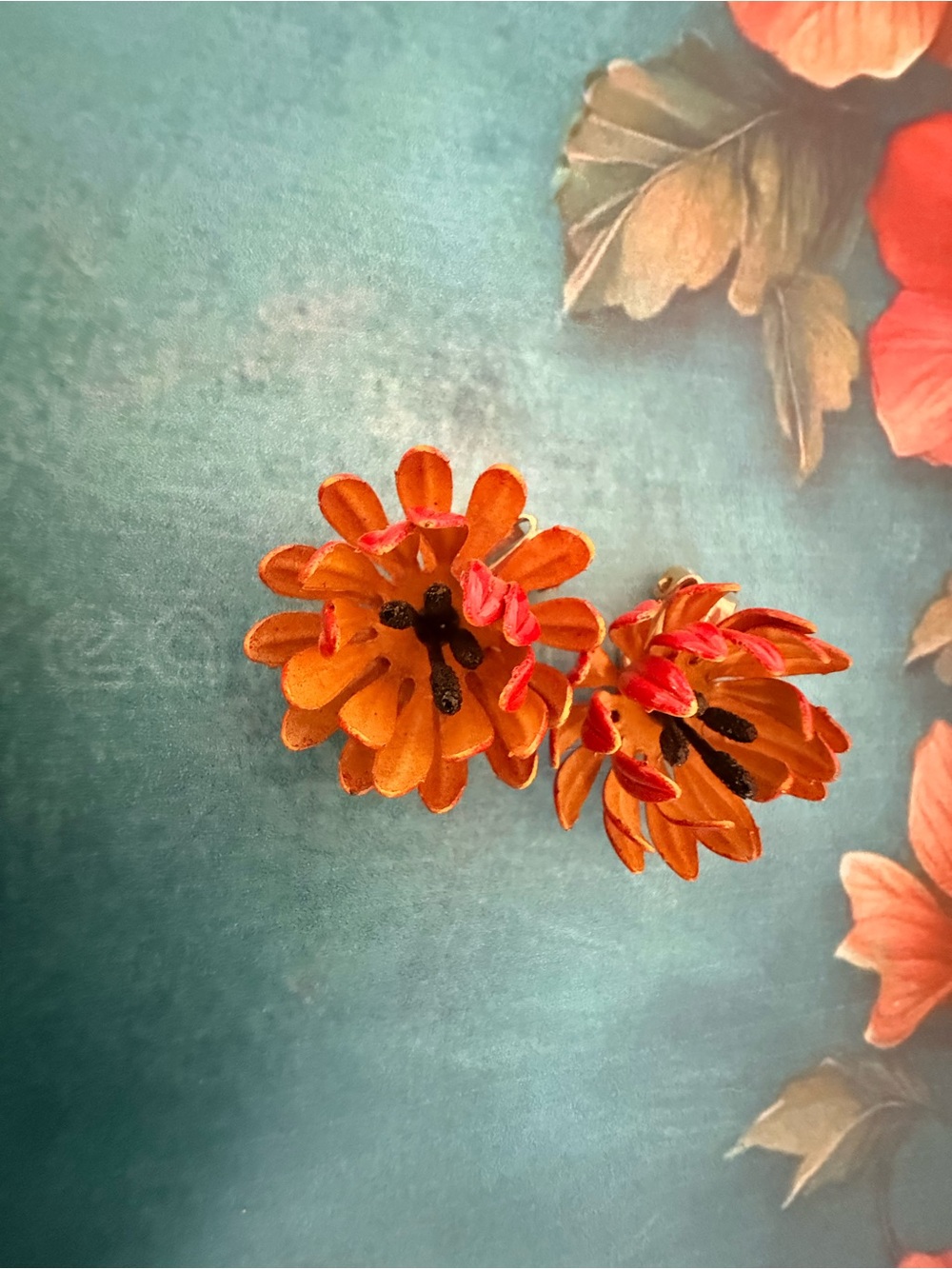 Red Floral Clip-On Earrings.